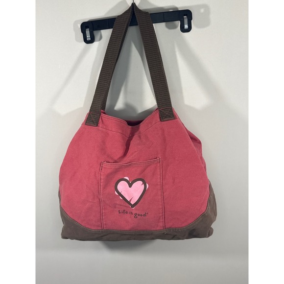 Life Is Good Handbags - Life is Good Red Brown 100 % Cotton Canvas Heart Graphic Tote Shoulder Bag